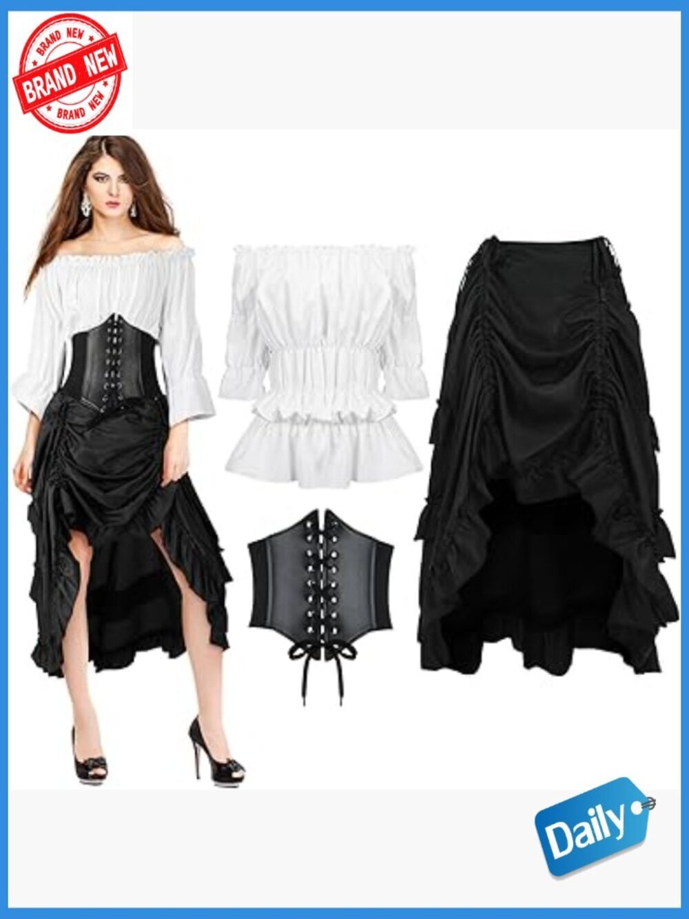 Medieval Renaissance Pirate Costume Set Blouse Skirt Corset